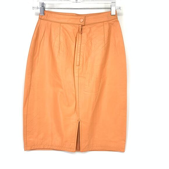 Chia Leather Pencil Skirt Womens 00 High Waist Orange Lined Vintage 90s Style - Picture 2 of 7